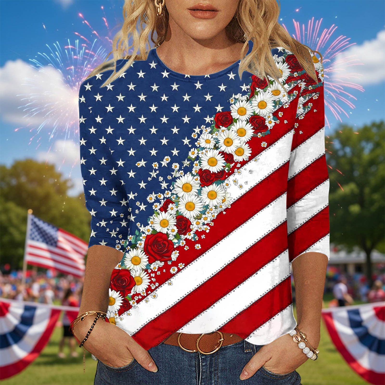 Amzcrzy 3/4 Sleeve Tops for Women Lightweight 4Th Of July Crew Neck ...