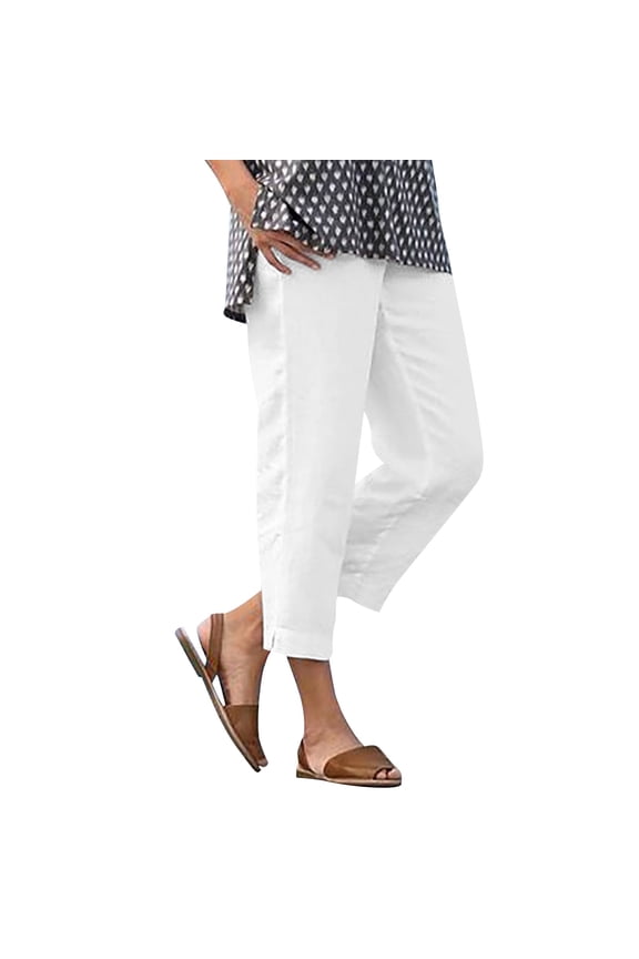 Capri Pants for Women Solid Color Cotton Linen Pants Women 2026 Elastic Waist Straight Leg Casual Pull On Trousers for Women with Pockets Split Hem ankle Cropped Trouser for Daliy White 2XL
