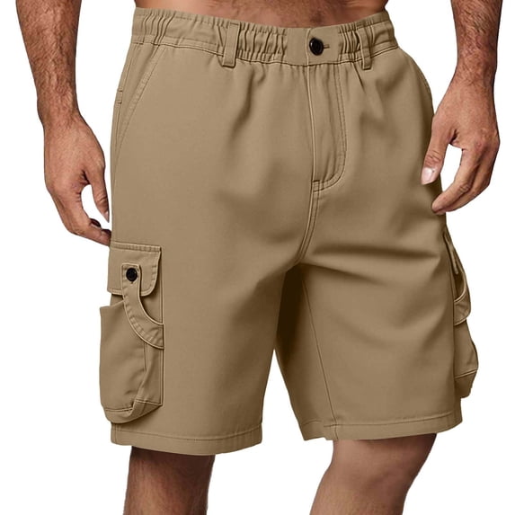 Amzcrzy Cargo Shorts for Men with Button Pockets Oversized Staight Leg Summer Workout Shorts Lightweight Elastic Waist Knee Length Hiking Shorts Casual Solid Color Outdoor Mens Shorts Beige 3XL