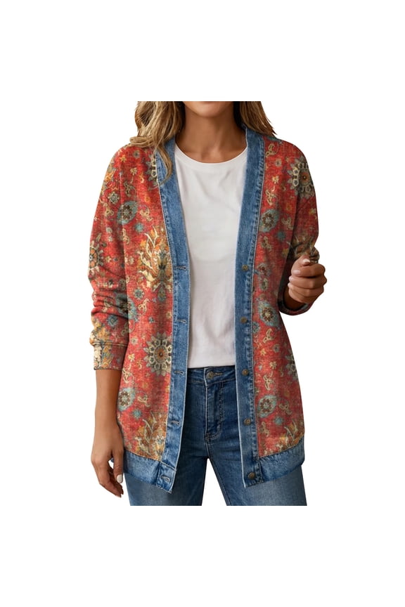 Denim Jacket for Women Long Sleeve Unique Geometric Print Cardigan Sweaters for Women Button Down Casual Shirt Jacket with Vibrant Artistic Pattern @11 2XL