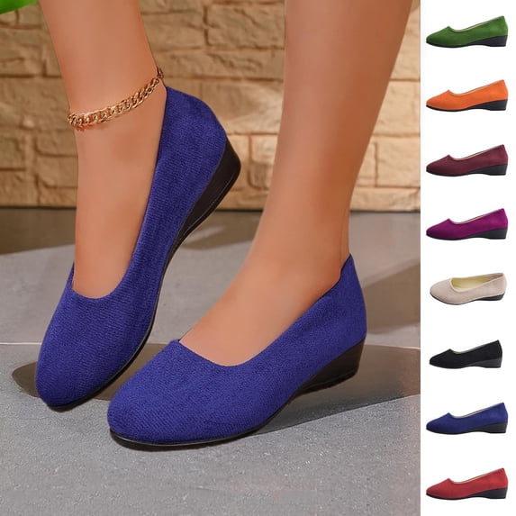 Amzcrzy Dress Shoes for Women Faux Suede Round Toe Ballet Flats Dressy Solid Color Comfortable Slip On office Wedges Heels for Women Blue 7