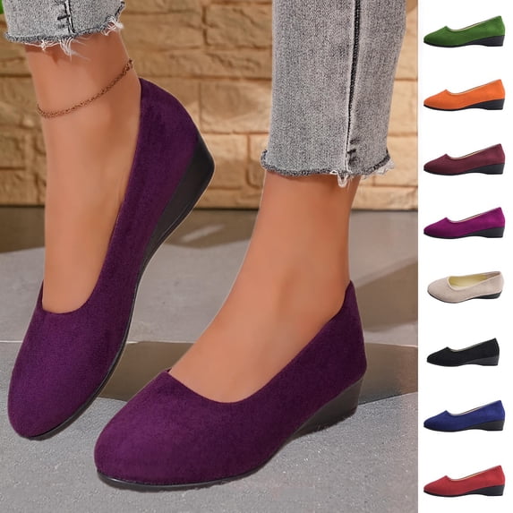 Amzcrzy Dress Shoes for Women Faux Suede Round Toe Ballet Flats Dressy Solid Color Comfortable Slip On office Wedges Heels for Women Purple 7