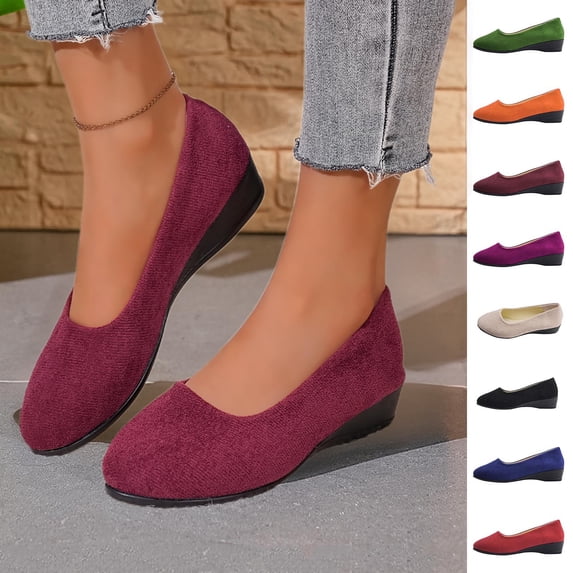 Amzcrzy Dress Shoes for Women Faux Suede Round Toe Ballet Flats Dressy Solid Color Comfortable Slip On office Wedges Heels for Women Wine 5.5