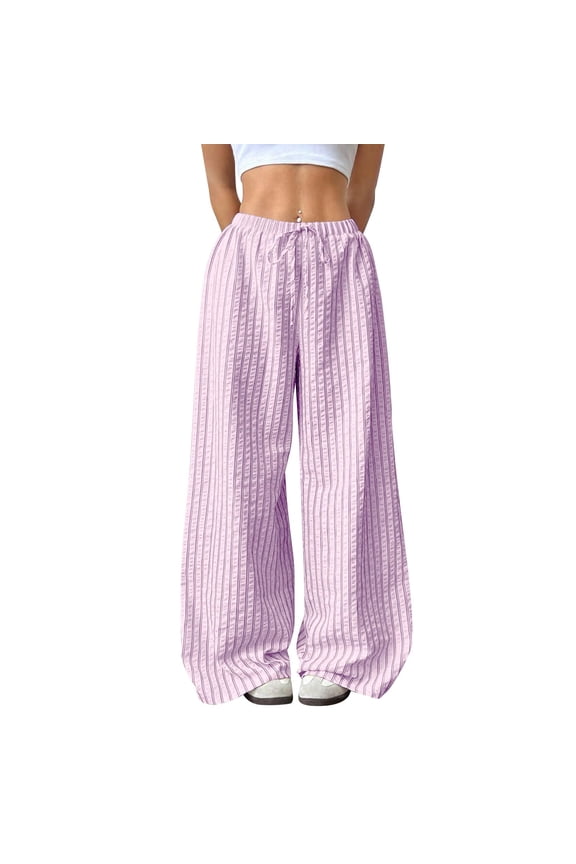 Elastic Waist Pants for Women Striped Bubble Crinkle Wide Leg Pants Drawstring Loose Casual Trousers Lightweight Breathable Lounge Pants Women Multi Colors Pink M