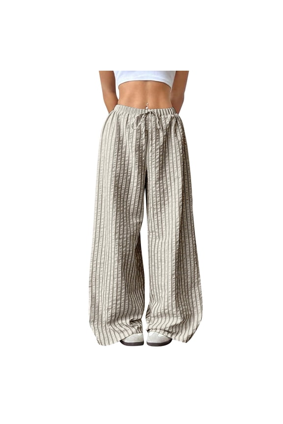 Elastic Waist Pants for Women Striped Bubble Crinkle Wide Leg Pants Drawstring Loose Casual Trousers Lightweight Breathable Lounge Pants Women Multi Colors Black 2XL