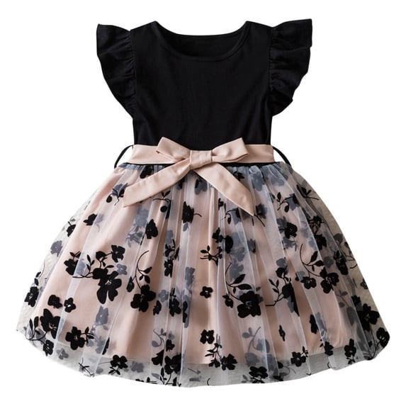 Amzcrzy Elegant Dress Girls Black Ruffle Sleeve Bodice with Waist Bow Sash Pink Tulle Skirt Floral Print Party Dress for Special Occasions 3-8T