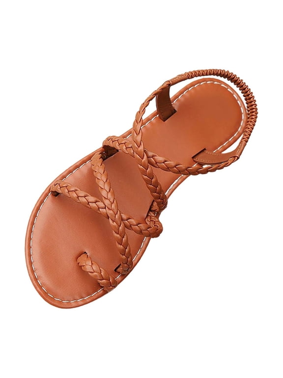 Flat Sandals for Women Solid Color Round Toe Crisscross Braided Ladies Sandals with Ankle Strap Lightweight Rubber Sole Slip on Slides Fashion Casual Beach Shoes Brown 6