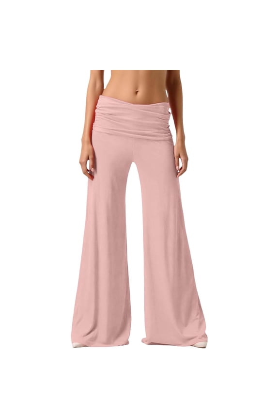 Fold Over Yoga Pants 2026 Solid Color High Waist Ruched Wide Leg Pants Woman Stretchy Flowy Casual Flare Yoga Pants for Women Pink L