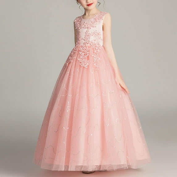 Amzcrzy Girls Dress 4-14 Years Solid Color Crew Neck Sleeveless Tulle Lace Puffy Gown Luxury Pageant Dress for Girls Wedding Guest Dress at Evening Party