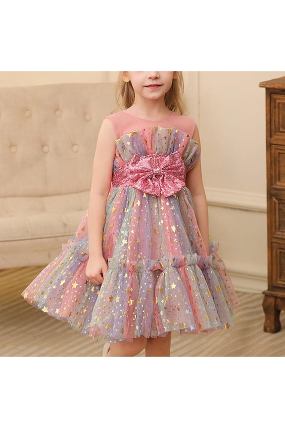 Girls Tulle Princess Dress Crew Neck Rainbow Gowns and Evening Dresses, Sparkly Star Sequin Party Tutu Dress with Bow for Birthday Wedding Flower Girl Performance 1-8 Years