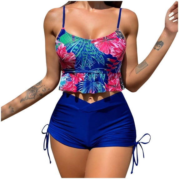Amzcrzy High Waisted Bikini Sets for Women Floral Print Bikini Top with Boy Shorts, Ruffle Drawstring Adjust Bathing Suits with Bottoms 2026