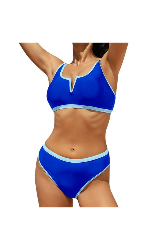 High Waisted Bikini Sets for Women Two Piece Color Block Flattering Bikini Sets Notch V-Notch Spaghetti Strap Bikini Top with Cheeky Bottoms