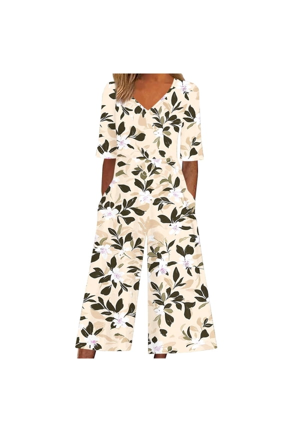 Jumpsuits for Women Dressy Casual Boho Floral Short Sleeve Jumpsuit with Side Pockets V Neck Wide Leg Loose Flowy One Piece Bodysuit for Daily @8 XL