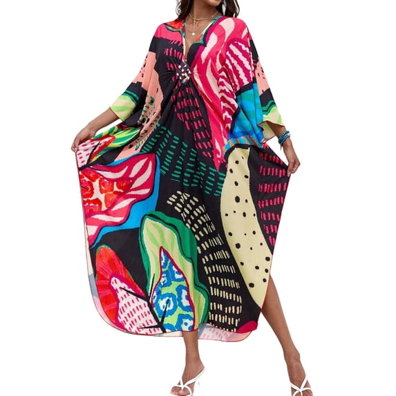 Amzcrzy Kaftan Dresses for Women Plus Size Loose Fit V Neck Beach Cover Up, Floral & Colorful Print Womens Robes Long for Vacation One Size Fits Most @5 Free Size
