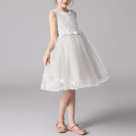 Amzcrzy Lace Dress 3-14 Years Girls Round Neck Knitted Lace Bodice Tulle Skirt with High Waist Floral Applique Princess Sleeveless Flower Girl Dress for Wedding Party
