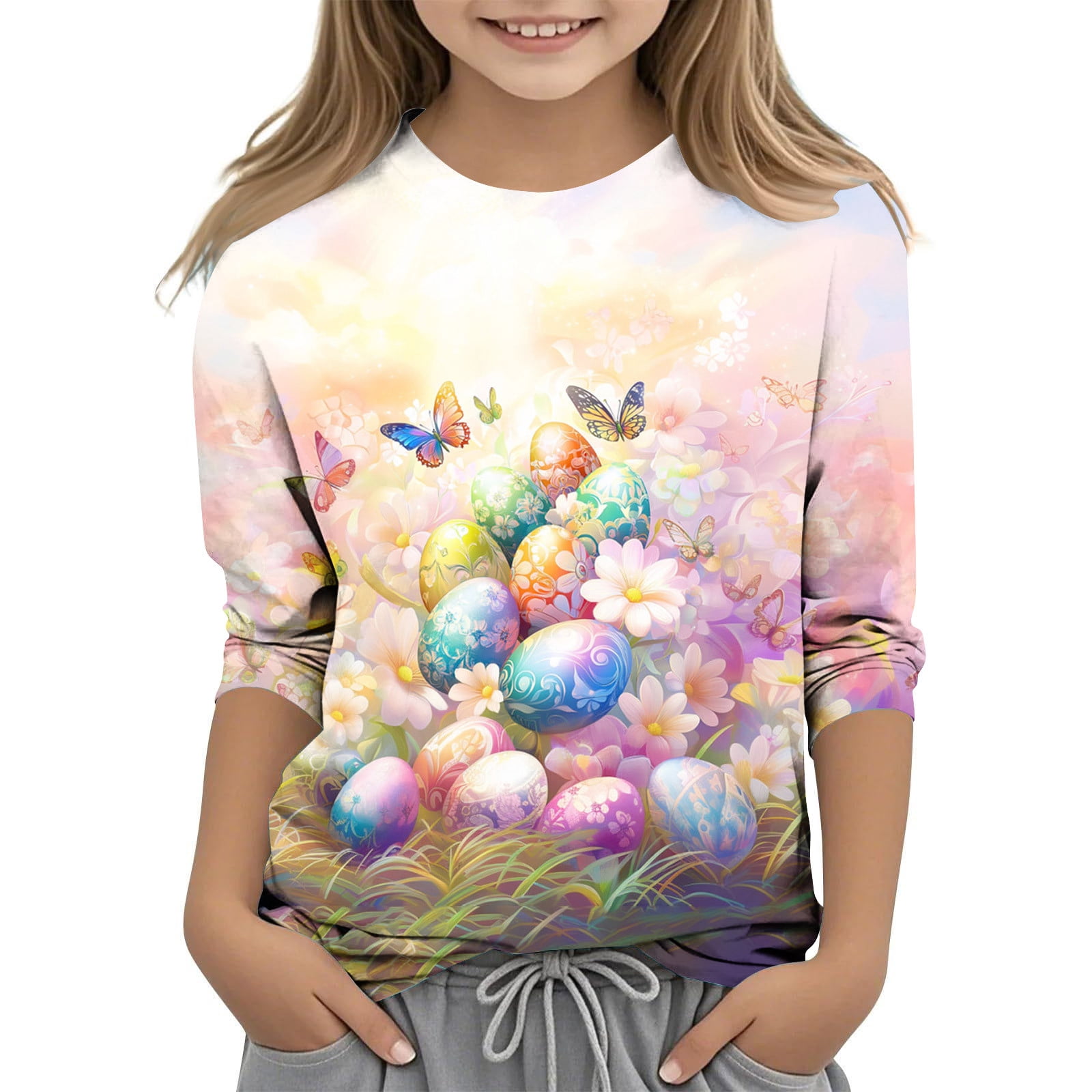 Amzcrzy Long Sleeve Shirts for Boys Girls Crew Neck Easter Egg Bunny ...