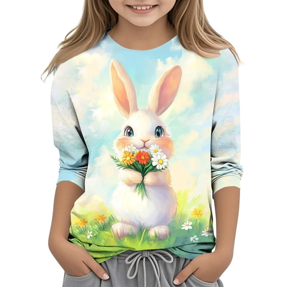 Amzcrzy Long Sleeve Shirts for Boys Girls Crew Neck Easter Egg Bunny Print Graphic T-Shirt for Easter Casual Creative Pullover Cute Tops 3-12 Years