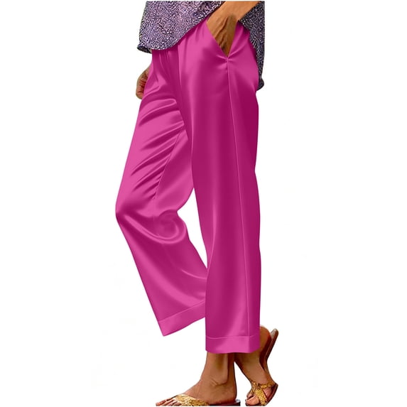 Amzcrzy Lounge Pants Women with Pockets Drawstring Elastic Waist Solid Color Sweat Pants Soft Comfy Silk Satin Summer Vacation Straight Leg Pants