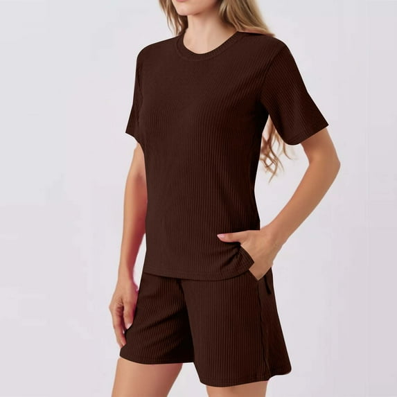 Amzcrzy_Lounge Sets for Women Casual Solid Color Fashion Summer Outfits Versatile Short Sleeve Top and Pants Suit Comfy Ribbed Knit Side Split Two Piece Sets with Pockets