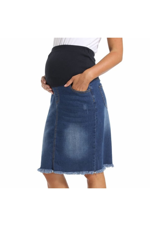 Maternity Denim Skirt High Waist Over Belly Support Frayed Hem Stretch Jean Skirts with Pockets Tassel Casual Loose Maternity Skirt