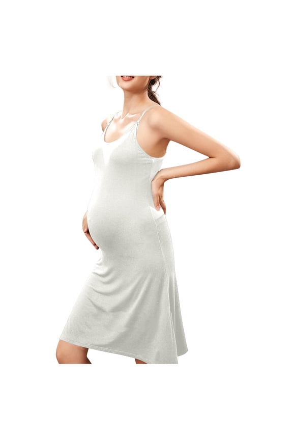 Maternity Dress for Pregnant Women Soft Stretch Solid Color Camisole Slip Dress with Adjustable Straps Scoop Neck Comfortable Pregnancy Sleepwear with Building Bra