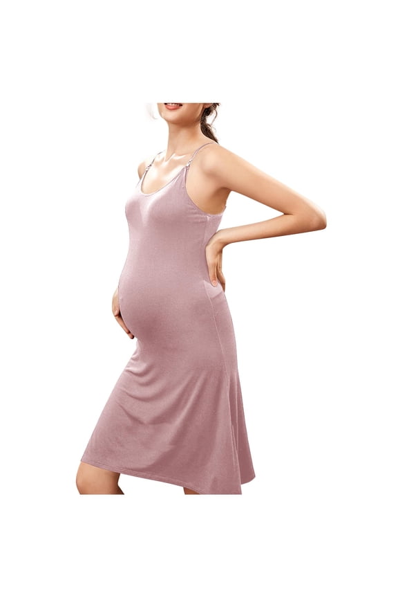 Maternity Dress for Pregnant Women Soft Stretch Solid Color Camisole Slip Dress with Adjustable Straps Scoop Neck Comfortable Pregnancy Sleepwear with Building Bra