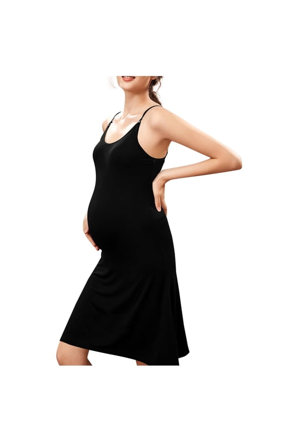 Maternity Dress for Pregnant Women Soft Stretch Solid Color Camisole Slip Dress with Adjustable Straps Scoop Neck Comfortable Pregnancy Sleepwear with Building Bra