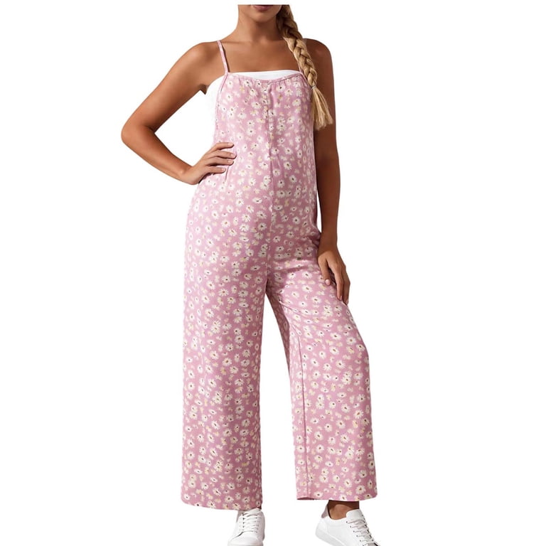 Amzcrzy Maternity Jumpsuit Boho Floral Print Spaghetti Strap Pink
