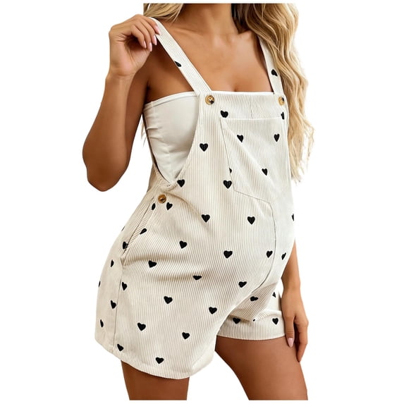 Amzcrzy Maternity Overalls Cream Corduroy Shortalls for Maternity Print Button Ruched Romper Pregnancy Short Casual Loose Comfortable Maternity Jumpsuits for White S