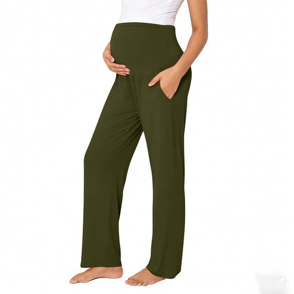 Amzcrzy Maternity Pants High Waist Over Belly Wide Leg Trousers Pants for Women with Pockets High Elastic Breathable Straight Leg Summer Pants for Pregnancy Beige M