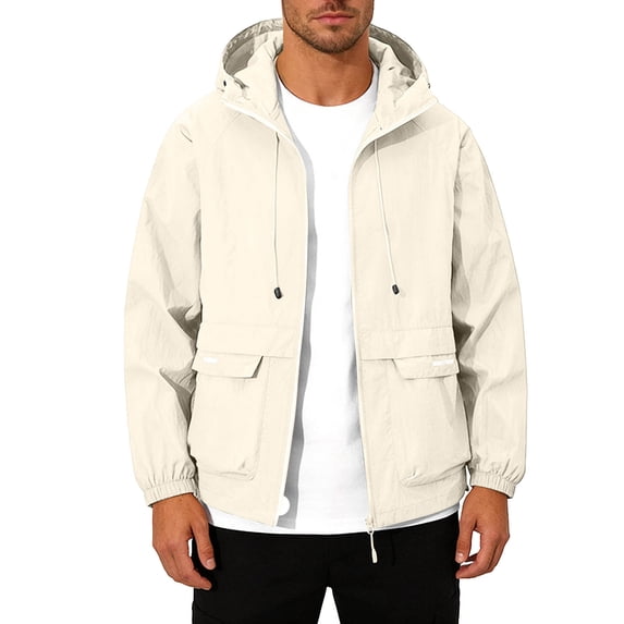 Amzcrzy Men's Lightweight Upf Long Sleeve Sun Protection Men Hooded Jacket Waterproof Windbreaker Jackets with Pockets Outdoor Zip up for Hiking Running Travel Beige S