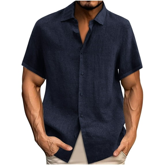 Amzcrzy Men's Linen Shirts Casual Short Sleeve Button Down Business T-Shirts Cruise Summer Wedding Cotton Dress Shirts for Mmen
