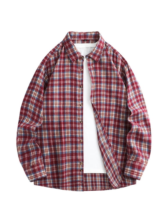Men's Shirts Long Sleeve Button Plaid Shirts Cotton Regular Oversized Relaxed Fit Flannel Shirt