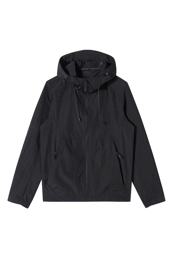 Mens Long Sleeve Sun Protection Shirts Lightweight Breathable Waterproof Hooded Windbreaker Upf 50+sun Protection Summer Shirts with Zip Pockets for Hiking Running and Travel Black M