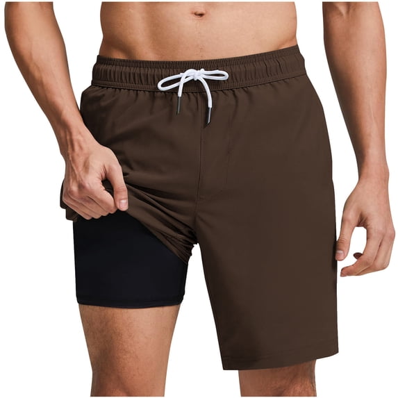Amzcrzy Mens Shorts with Boxer Brief 2 in 1 Quick Dry Drawstring Waist Swim Shorts Men Lightweight Mid Rise Above Knee Shorts for Men Casual Solid Color Summer Beach Shorts Brown L