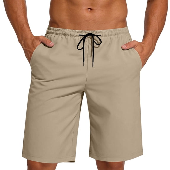 Amzcrzy Mens Shorts with Pockets Comfy Knee Length Straight Leg Workout Shorts Casual Solid Color Quick Dry Athletic Shorts for Men Drawstring Waist Running Shorts Beige XL