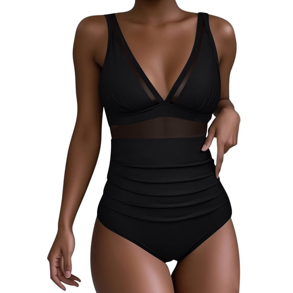 Amzcrzy One Piece Swim Suits for Women V Neck Modest Tummy Control Bathing Suit Mesh Swimwear with Adjustable Shoulder Straps 2026