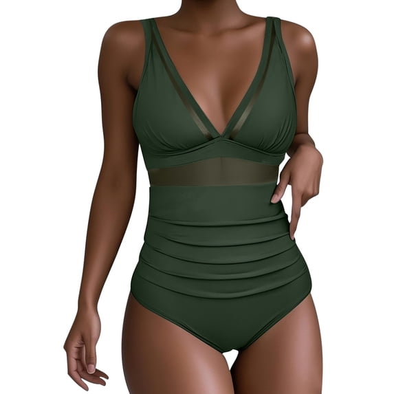 Amzcrzy One Piece Swim Suits for Women V Neck Modest Tummy Control Bathing Suit Mesh Swimwear with Adjustable Shoulder Straps 2026