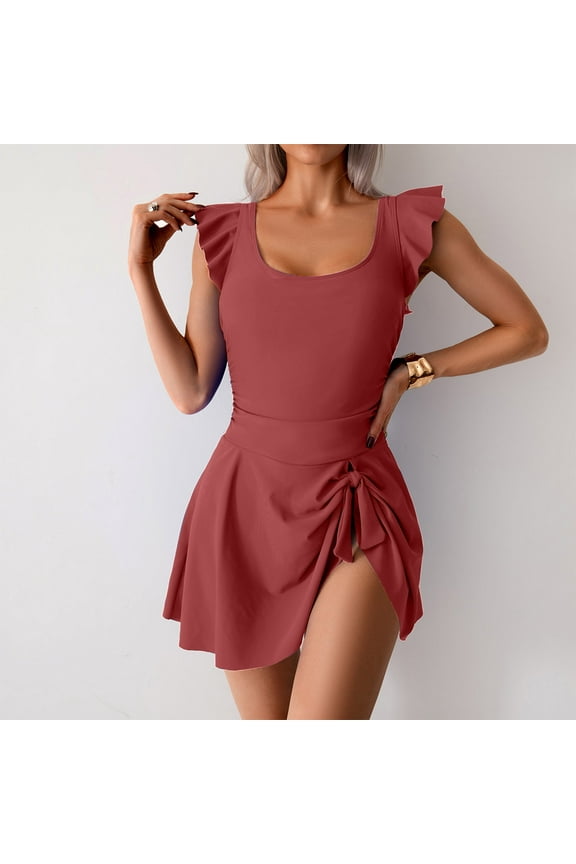 One Piece Swimdress Swimsuit for Women Ruffle Flutter Sleeves Tummy Control Ruffle Swim Dress Skirt with Side Knot Bathing Suit 2026
