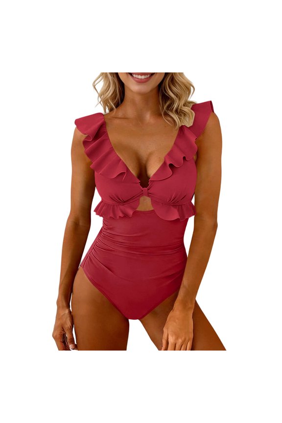One Piece Swimsuit for Women Fashion Cutout V Neck High Waisted Monokini Tummy Control Solid Color Ruffle Bathing Suit Slimming Ruched Tie Back Women's Swimwear XL
