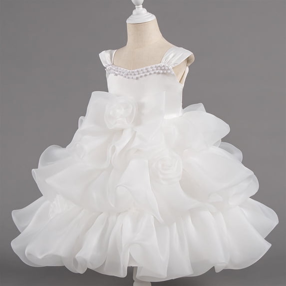 Amzcrzy Pageant Dresses for Girls Solid Color Square Neck Sleeveless Formal Dresses 3D Rose Floral Ruffled Princess Tiered Dress for Girls, Layered Ruffles A-line Mini Skirt 2-10 Years