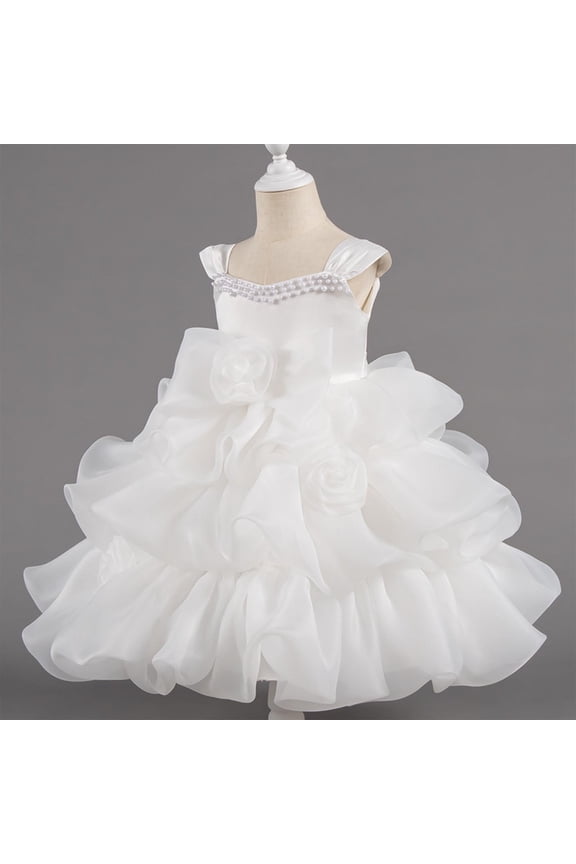 Pageant Dresses for Girls Solid Color Square Neck Sleeveless Formal Dresses 3D Rose Floral Ruffled Princess Tiered Dress for Girls, Layered Ruffles A-line Mini Skirt 2-10 Years