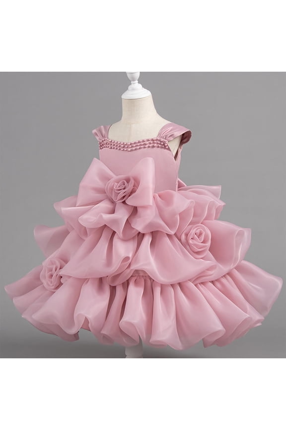 Pageant Dresses for Girls Solid Color Square Neck Sleeveless Formal Dresses 3D Rose Floral Ruffled Princess Tiered Dress for Girls, Layered Ruffles A-line Mini Skirt 2-10 Years