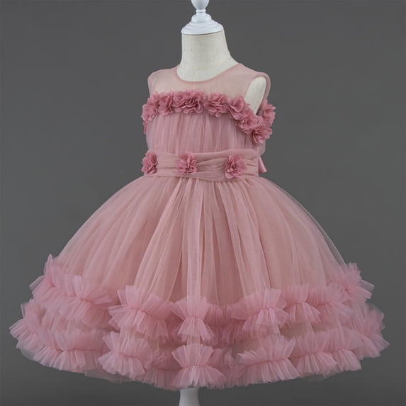 Amzcrzy Pink Toddler Dress 9 Months - 6 Years Crewneck Sleeveless with Handmade 3D Floral Chest Trim Tulle Tutu for Girls with Satin Bow Formal Dresses for Girls