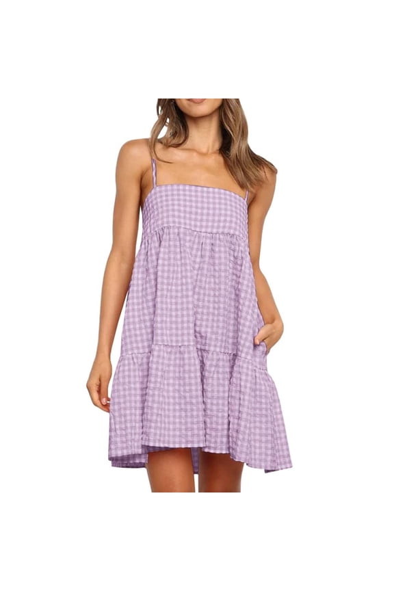 Plaid Dresses for Women Casual Gingham Spaghetti Strap A Line Dresses for Women Ruffle Hem Summer Daily Mini Dress with Side Pockets