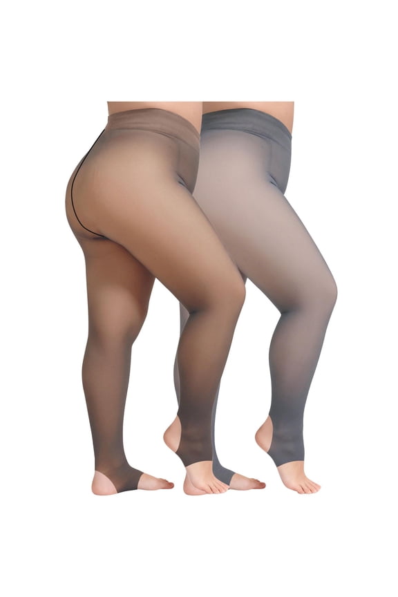 Plus Size 2 Pack Footless Tights for Women Sheer Invisible Black Pantyhose Lightweight Fleece Lined Leggings Women Stretchy Thermal Stockings for Women