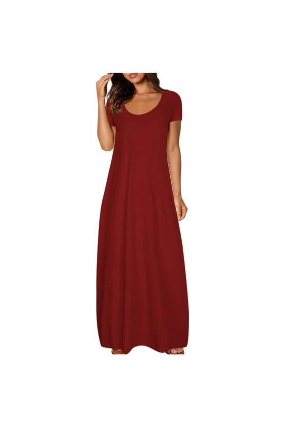 Plus Size Maxi Dresses for Women Short Sleeve Dress Casual Loose Fit Round Neck Long Dress with Pockets S-5XL
