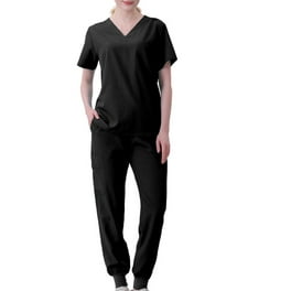 Amzcrzy Scrubs Set for Women Solid Color Plus Size Scrub Top with Pants Work Uniform Jogger Suit Stretch Top Pants with Multi Pocket for Esthetician