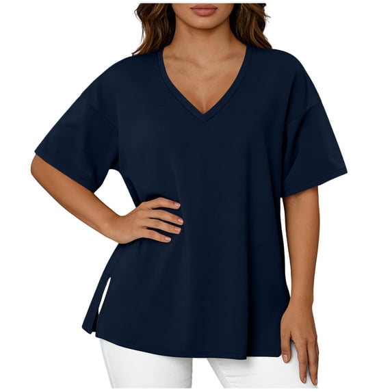 Amzcrzy Plus Size Tops for Women Versatile Casual Solid Color Summer Tops Trendy V Neck Short Sleeve Womens Tops Comfortable Loose Fit Side Split Basic Tee Shirts 2XL