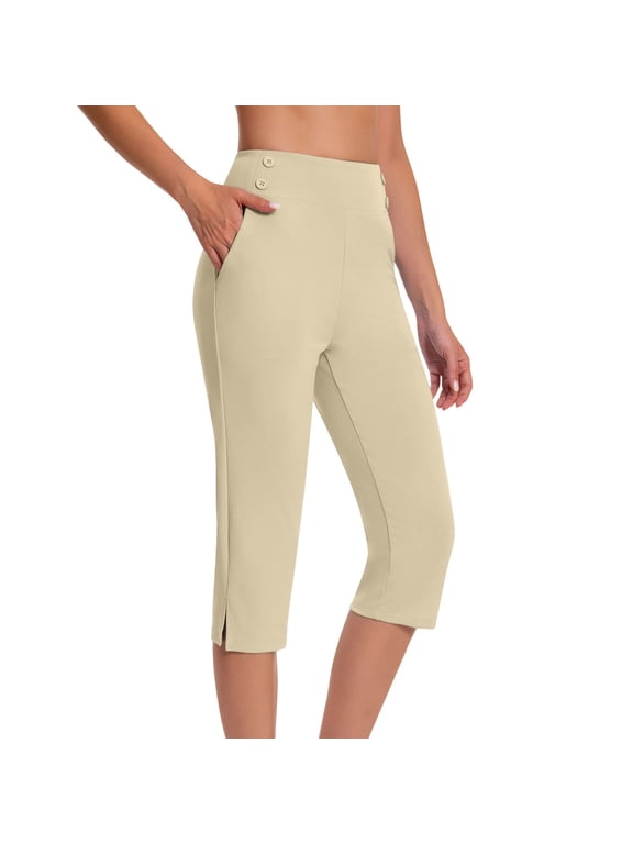 S-5Xl Womens Plus Size Capri Leggings for Women High Waisted Capri Yoga Pants Stretch Button Side Split 3/4 Length Casual Leggings with Pockets for Women Beige 3XL